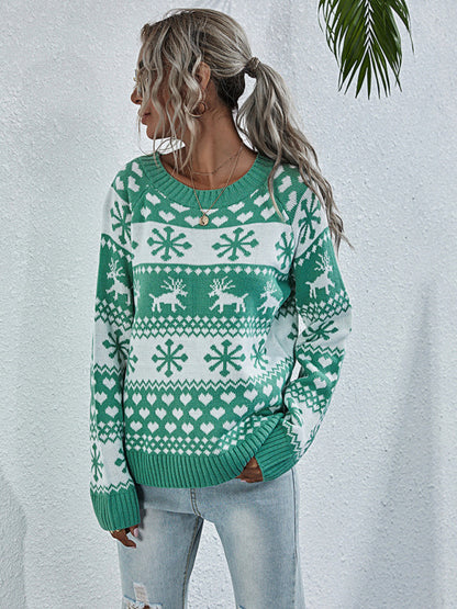 Women's Elk Knit Crew Neck Snowflake Pullover Christmas Sweater