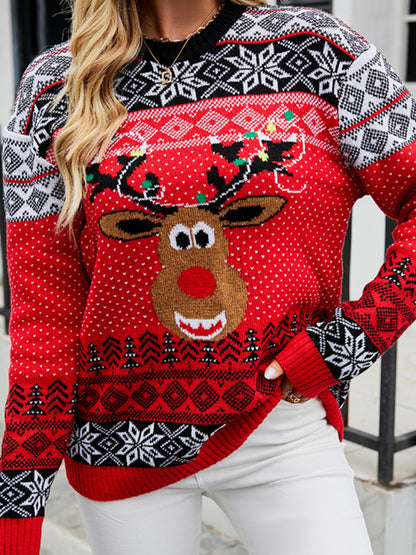 Women's Christmas Elk Crew Neck Pullover Long Sleeve Sweater