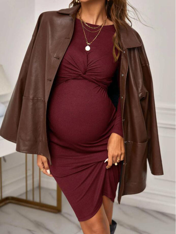 New round neck long sleeve knitted maternity dress tight solid color short maternity clothes