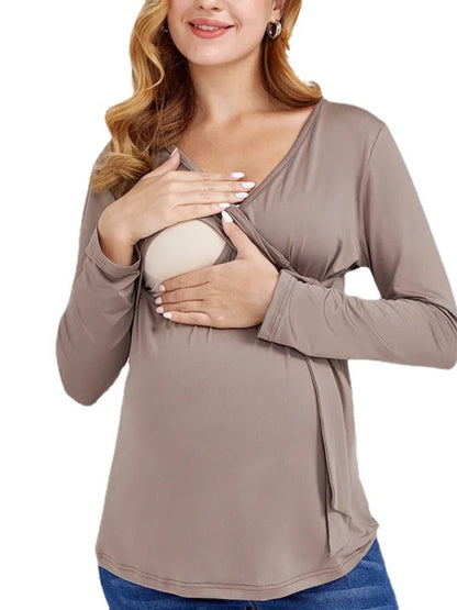 European and American solid color nursing V-neck long-sleeved maternity dress