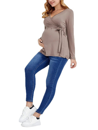 European and American solid color nursing V-neck long-sleeved maternity dress