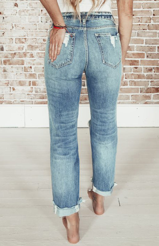 Classic Distressed Ripped Straight Leg High Waist Jeans