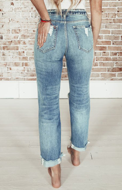 Classic Distressed Ripped Straight Leg High Waist Jeans