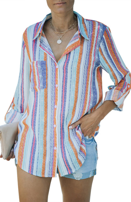 Linen Turn-down Collar Sweet Enough Striped Button Up Top