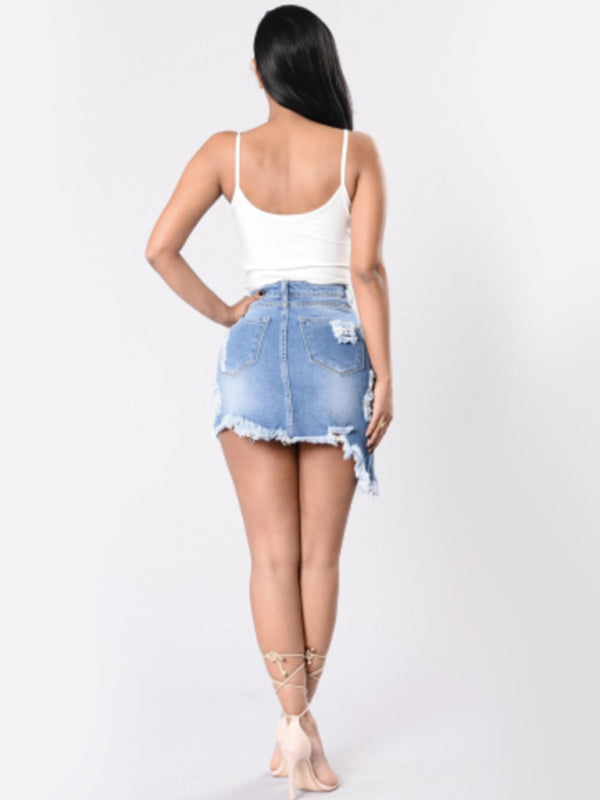 Women's ripped irregular frayed denim skirt