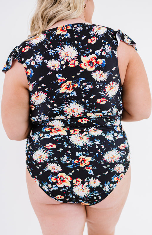 Plus Size Flutter Cap Sleeve Floral High Waist Bikini