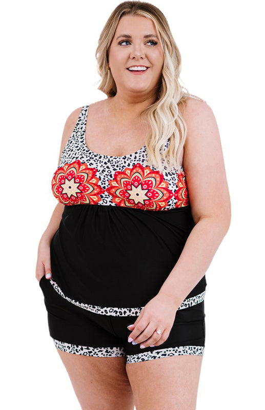 Black Floral Leopard Splicing Plus Size Tankini