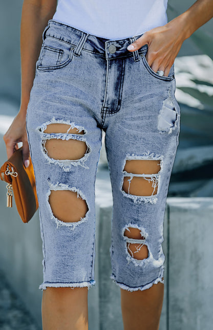 Light Blue Buttoned Distressed Denim Shorts