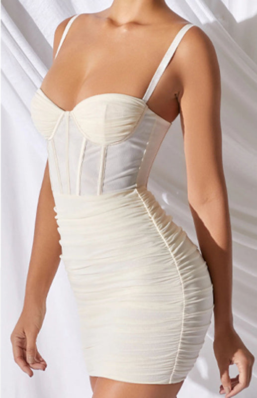 Mesh Pleated Open Back Fashion Suspender Hip Dress