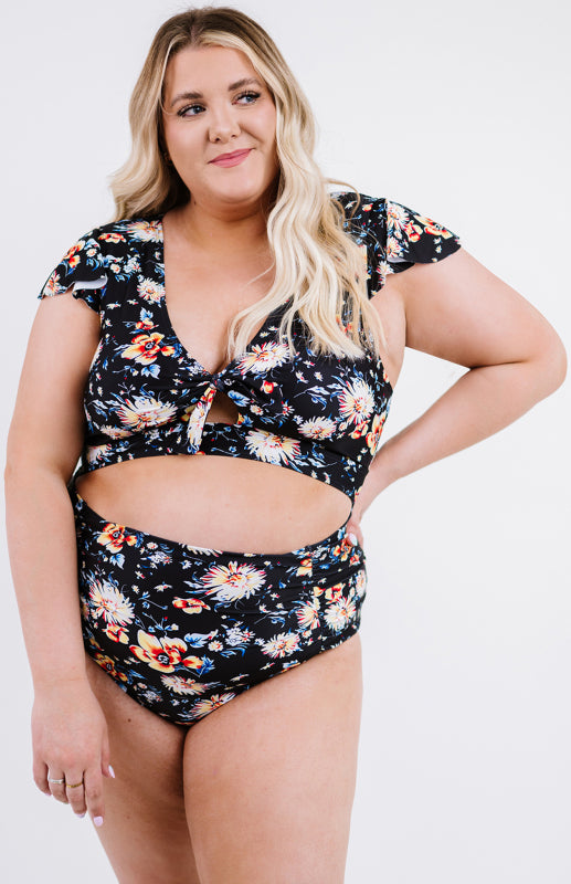 Plus Size Flutter Cap Sleeve Floral High Waist Bikini