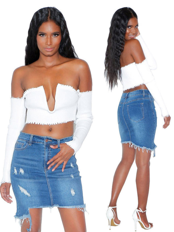 Women's ripped irregular denim skirt