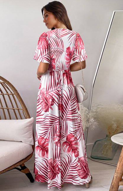 Women's Fashion Slim Print Dress Long Short Sleeve Slit Dress