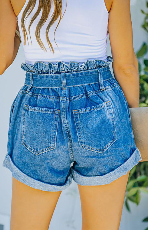 Ladies Elastic Waist Bow Loose Denim Shorts