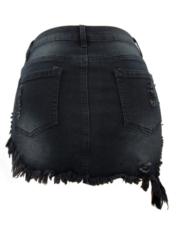 Women's ripped irregular frayed denim skirt