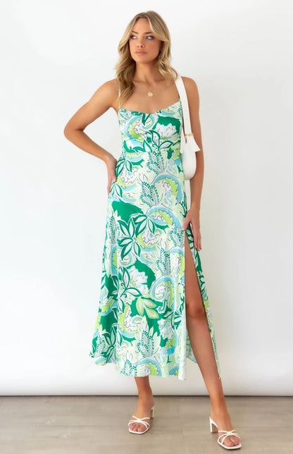 Women's Floral Print Strap Side Slit Dress