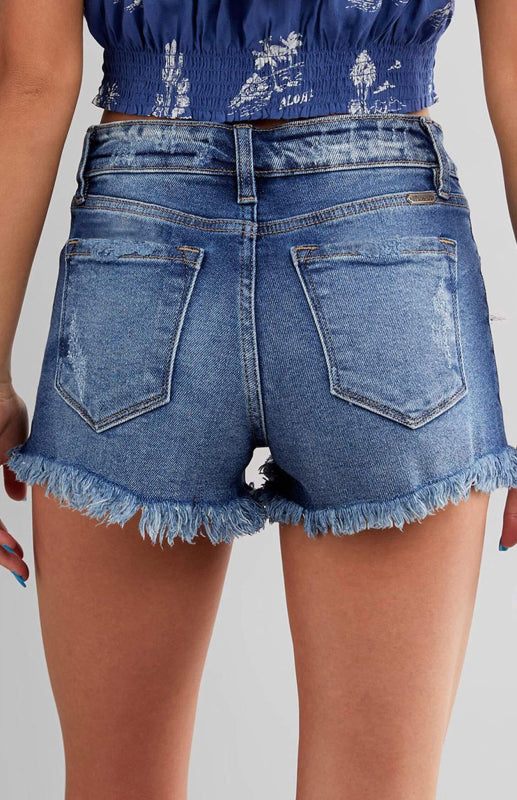 Women's Frayed Hem Mid Waist Denim Shorts