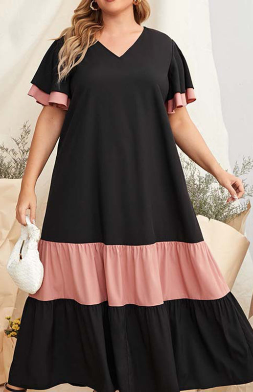 Women's Plus Size V Neck Colorblock Dress