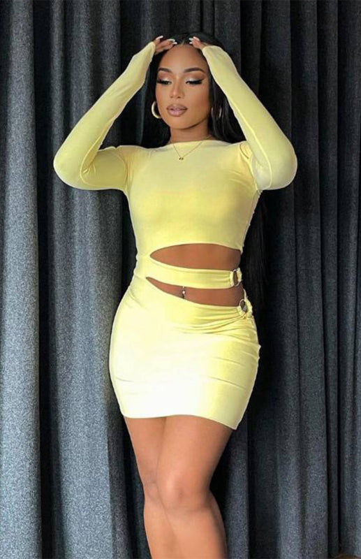 Full Color Cut-Out Long Sleeve Round Neck Hip Sexy Fashion Dress