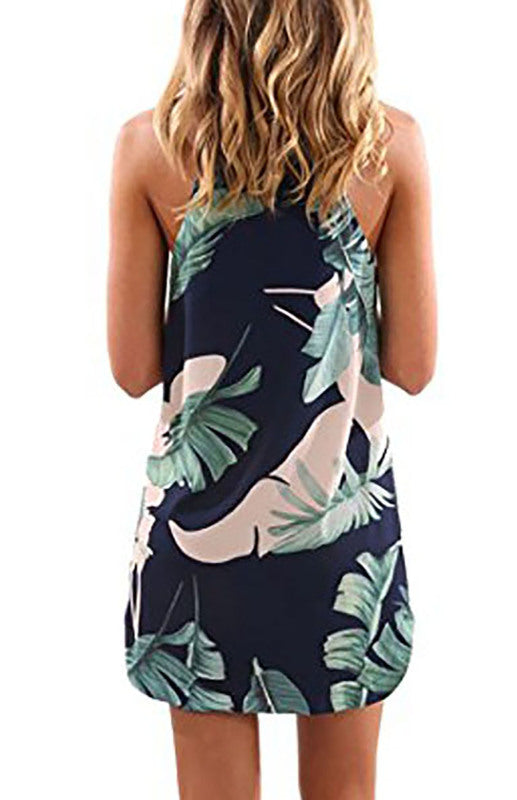 Women's Botanical Floral Print Navy Sleeveless Dress