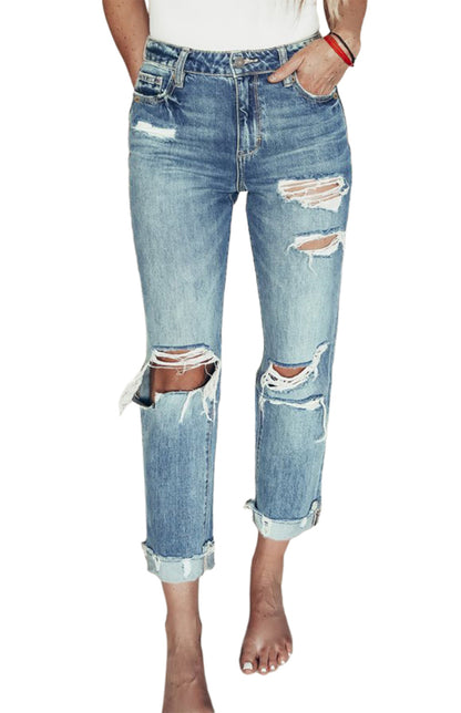 Classic Distressed Ripped Straight Leg High Waist Jeans