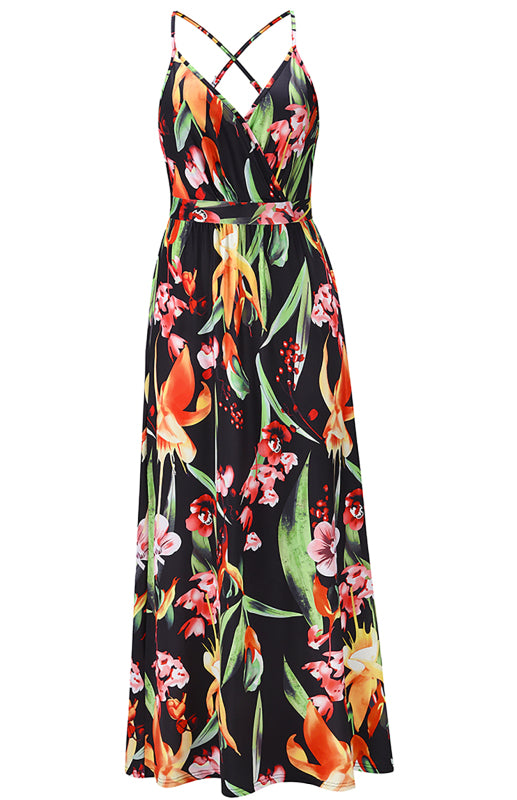 Sexy Deep V Backless High Waist Floral Print Maxi Dress