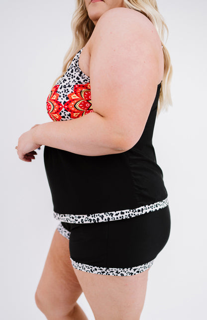 Black Floral Leopard Splicing Plus Size Tankini