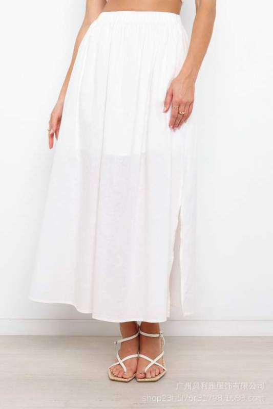 Women's Solid Color Elastic Waist Slit Midi Skirt