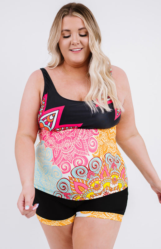 Multicolor Plus Size Tribal Print Patchwork Flared Tankini Set