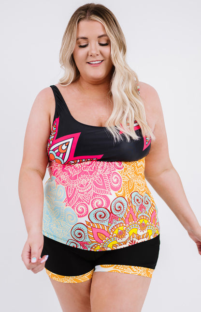 Multicolor Plus Size Tribal Print Patchwork Flared Tankini Set