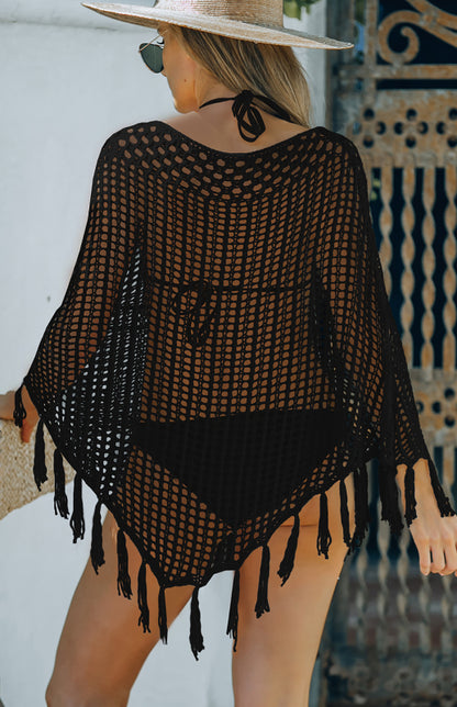 Women's Crochet Cutout Fringe Doll Sleeve Beach Cover