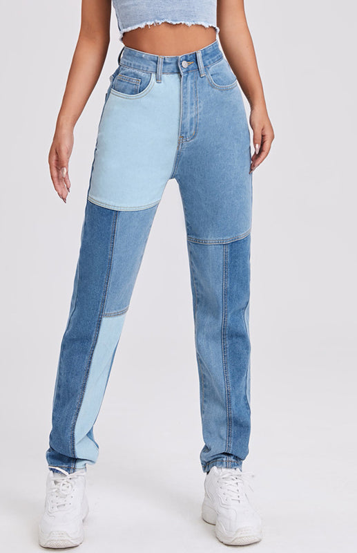 Women's High Waist Colorblock Design Straight Leg Jeans