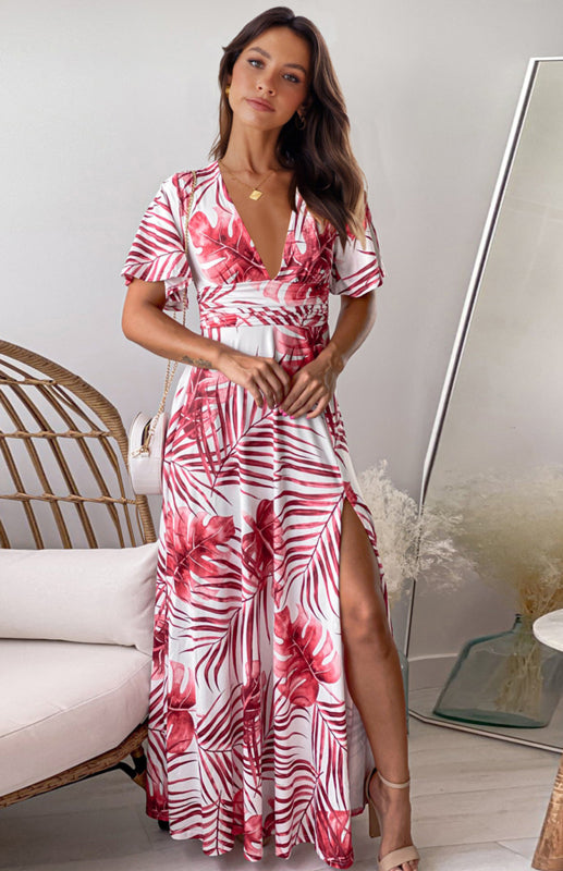 Women's Fashion Slim Print Dress Long Short Sleeve Slit Dress