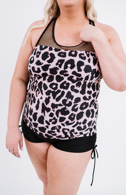 Black Leopard Print Mesh Splicing Plus Size Tankini