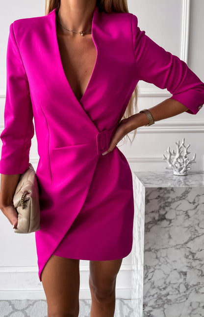 Women's Solid Color V Neck Tie Waist Blazer Dress