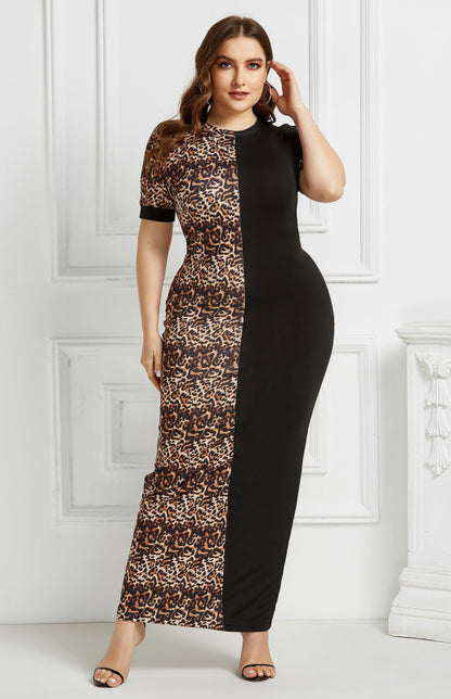 Women's Leopard Print Colorblock Long Plus Size Dress