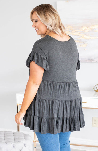 Gray Tiered Ruffled Short Sleeve Plus Size Blouse