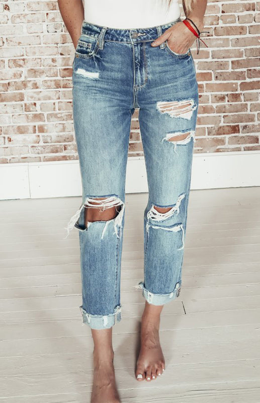 Classic Distressed Ripped Straight Leg High Waist Jeans