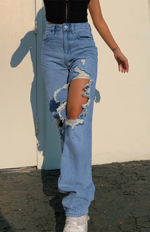 Women's Loose Personality Ripped Straight Leg Jeans