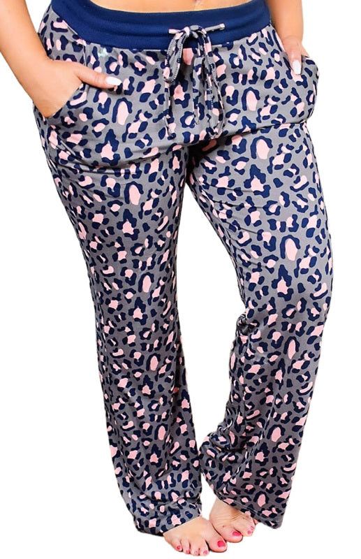 Leopard Print Solid Waistband Plus Size Pants