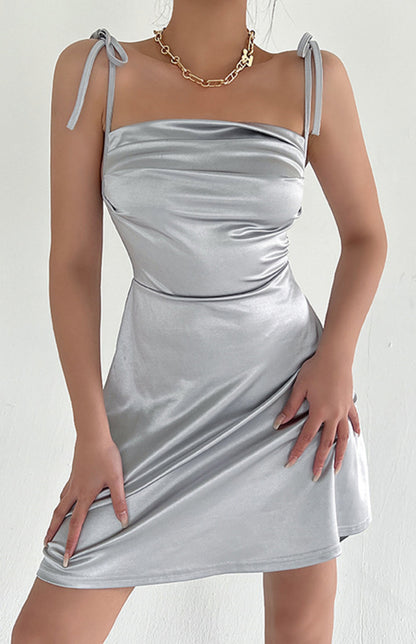 Ladies Satin Solid Color Sexy Pleated One-shoulder Strap Dress