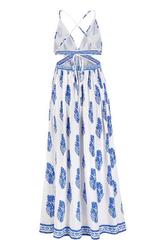 Women's Sexy Vintage Print Slit Open Back Strap Dress Boho Beach Maxi Dress