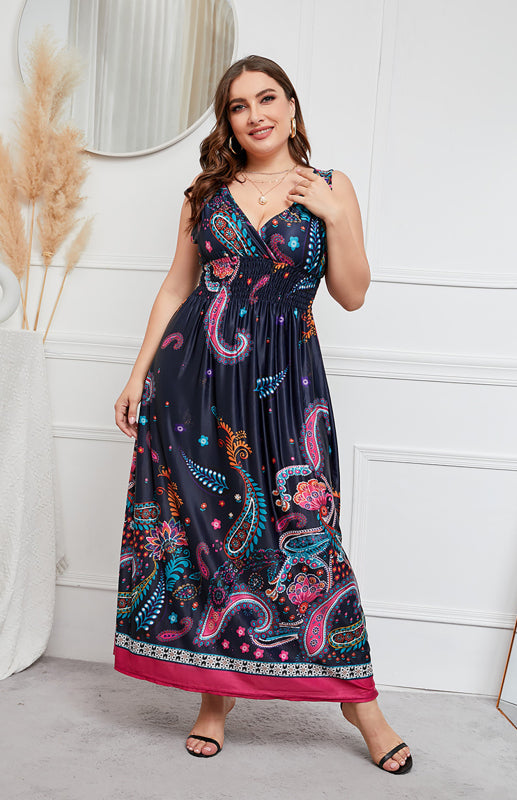 Women's Printed Deep V Sleeveless Long Dress