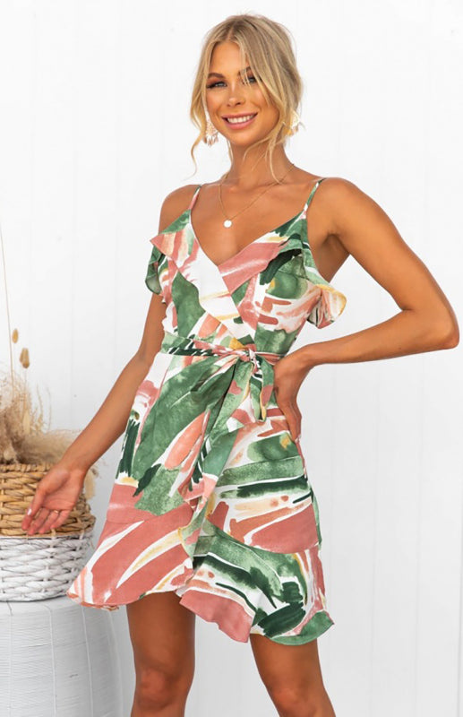 Women's Ruffle Sling Abstract Print Dress