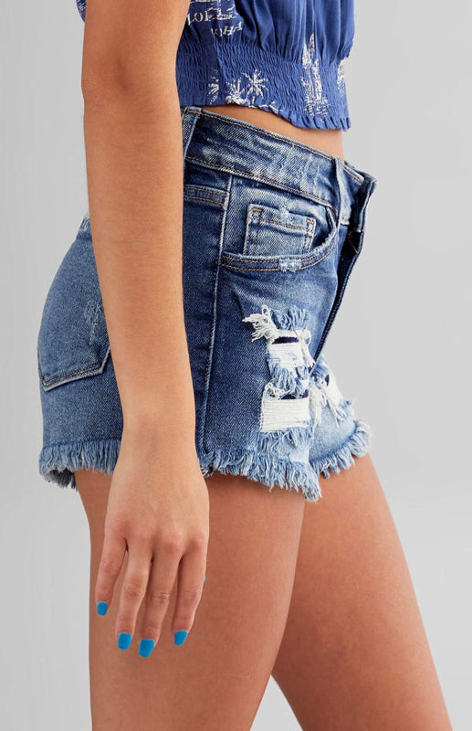 Women's Frayed Hem Mid Waist Denim Shorts