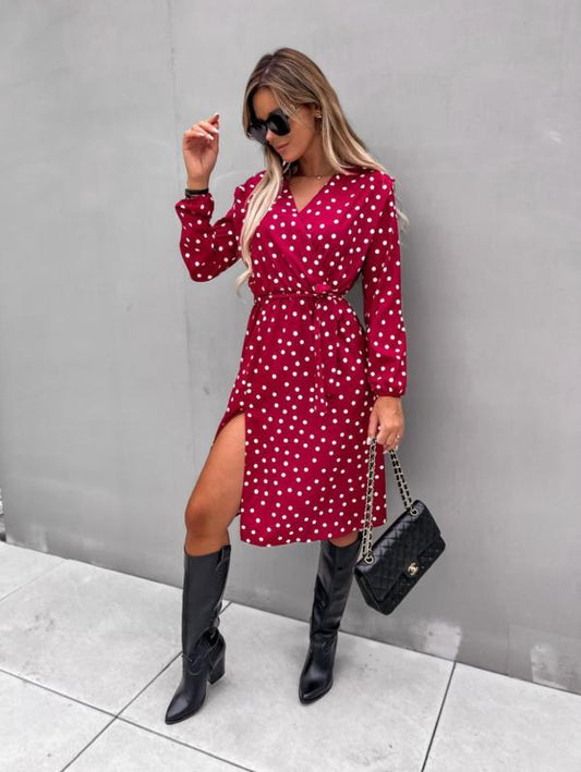 Polka Dot Print Long Sleeve Slit Tie Long Dress