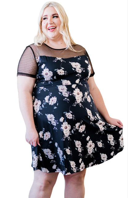 Plus size Floral Print Polka Dots Mesh Patch Mini Dress