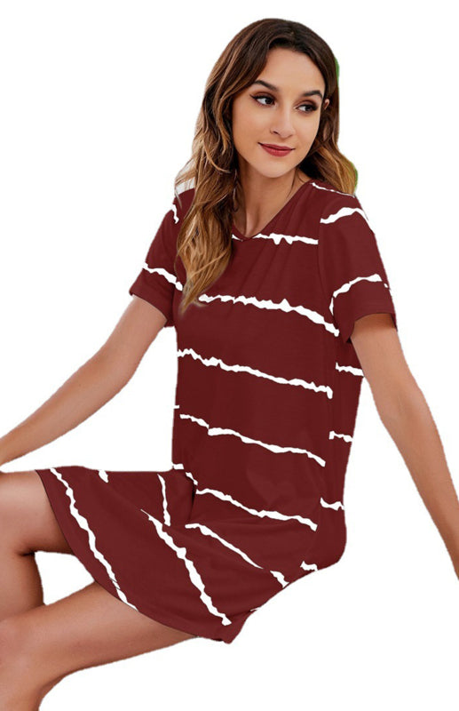 Women's Round Neck Short Sleeve Striped Loose Nightdresses & Nightshirts