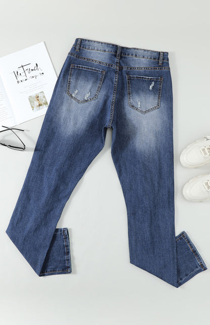 Women's Long Ripped Printed Casual Jeans