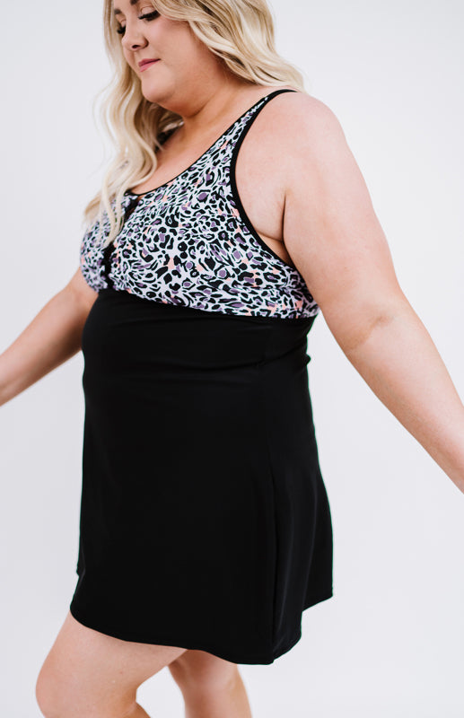 Leopard Splicing Cut Out Sleeveless Plus Size Tankini Swimsuit