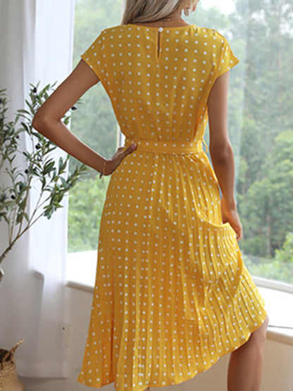 European and American mid-length skirt short-sleeved lace polka dot pleated dress